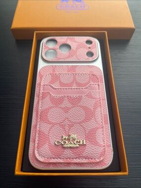 iPhone 17 pro Coach Pink Card Phone Case with Gold Logo